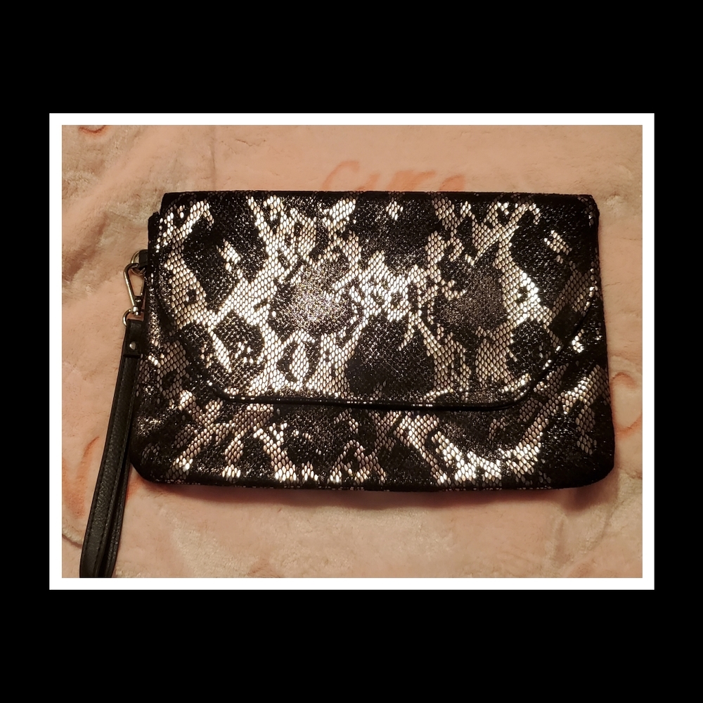 Silver & Black Snakeskin Print Clutch